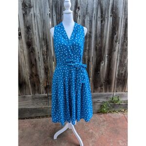 Vintage Kasper Blue and White Polka Dot Sleeveless Faux Wrap Dress Size 6